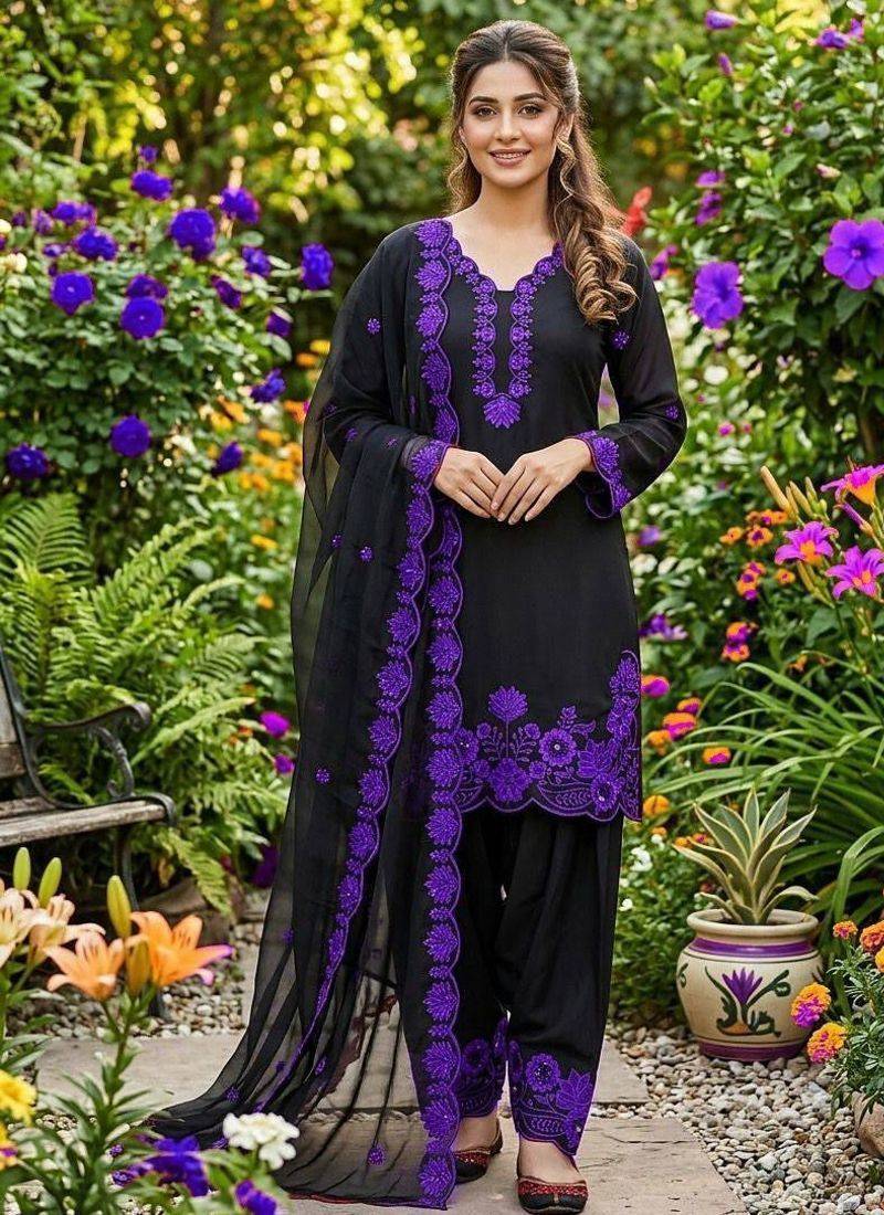 Purple crape silk farshi salwar suit with organza dupatta