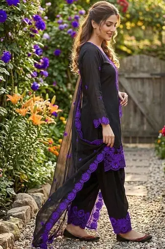 Purple crape silk farshi salwar suit with organza dupatta