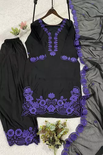 Purple crape silk farshi salwar suit with organza dupatta