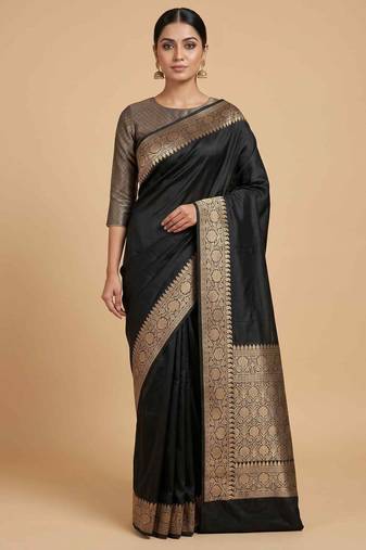 Black Colour Semi Silk Banarasi Saree with  plain anchal border  work