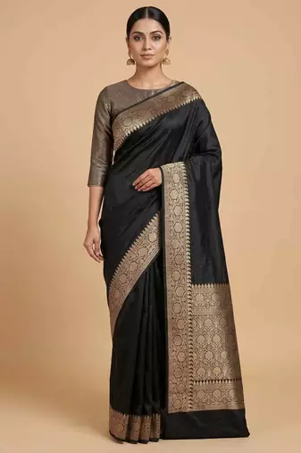 Black Colour Semi Silk Banarasi Saree with  plain anchal border  work