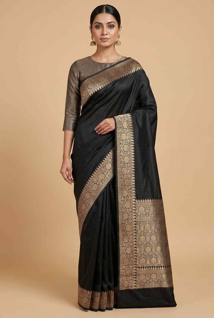 Black Colour Semi Silk Banarasi Saree with  plain anchal border  work