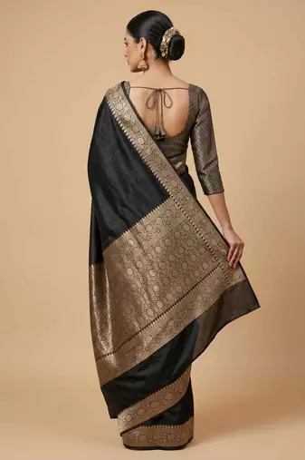 Black Colour Semi Silk Banarasi Saree with  plain anchal border  work
