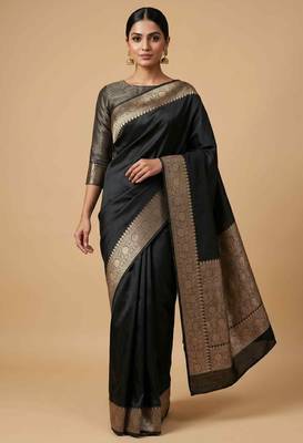Black Colour Semi Silk Banarasi Saree with  plain anchal border  work 3