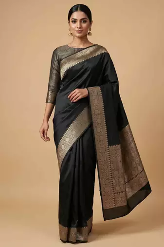 Black Colour Semi Silk Banarasi Saree with  plain anchal border  work