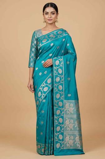 Turquoise Semi Silk Banarasi Saree With Floral Zari Work