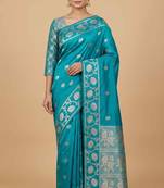 Turquoise Semi Silk Banarasi Saree With Floral Zari Work