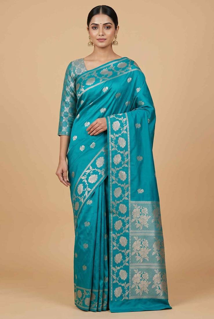Turquoise Semi Silk Banarasi Saree With Floral Zari Work