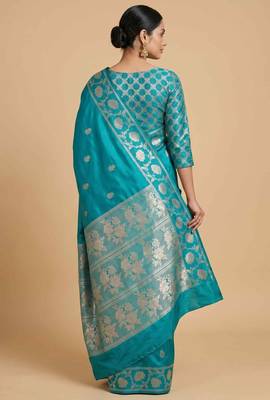 Turquoise Semi Silk Banarasi Saree With Floral Zari Work 2