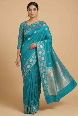 Turquoise Semi Silk Banarasi Saree With Floral Zari Work 3