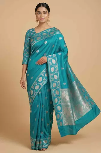 Turquoise Semi Silk Banarasi Saree With Floral Zari Work