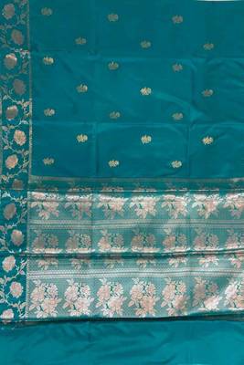 Turquoise Semi Silk Banarasi Saree With Floral Zari Work 4