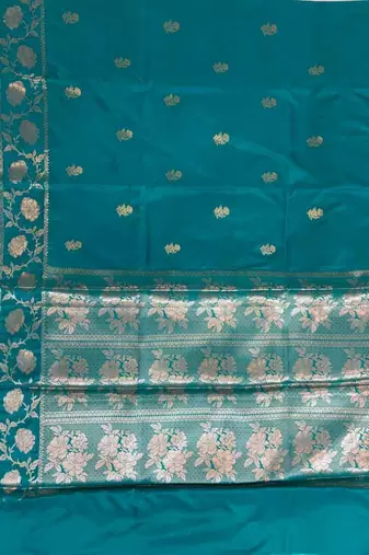 Turquoise Semi Silk Banarasi Saree With Floral Zari Work