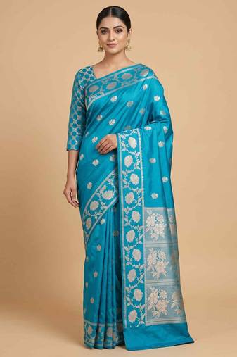Skyblue Semi Silk Banarasi Saree With  Floral Zari Work
