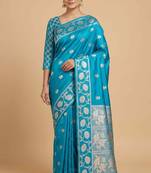 Skyblue Semi Silk Banarasi Saree With  Floral Zari Work