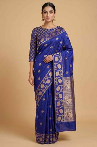 Royal Blue Semi Silk Banarasi Saree With  Floral Zari Work