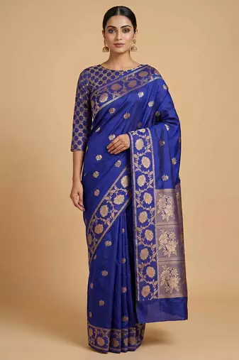 Royal Blue Semi Silk Banarasi Saree With  Floral Zari Work