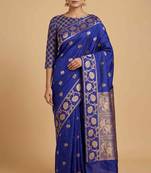 Royal Blue Semi Silk Banarasi Saree With  Floral Zari Work