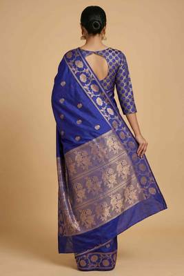 Royal Blue Semi Silk Banarasi Saree With  Floral Zari Work 2
