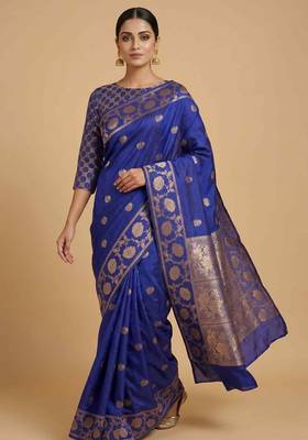 Royal Blue Semi Silk Banarasi Saree With  Floral Zari Work 3