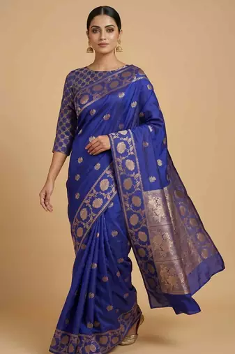 Royal Blue Semi Silk Banarasi Saree With  Floral Zari Work