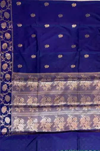 Royal Blue Semi Silk Banarasi Saree With  Floral Zari Work