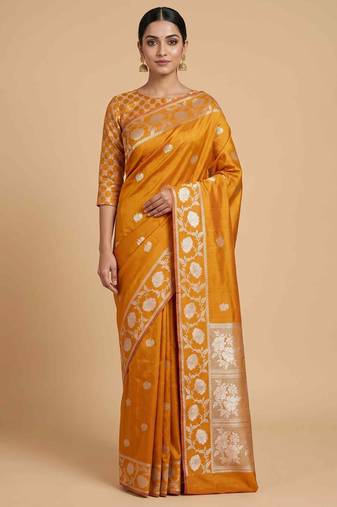 Orange Semi Silk Banarasi Saree With  Floral Zari Work