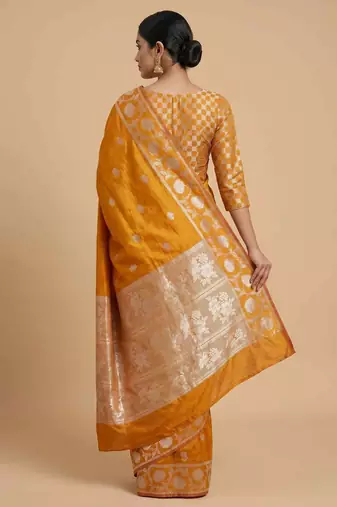Orange Semi Silk Banarasi Saree With  Floral Zari Work