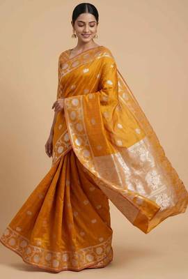 Orange Semi Silk Banarasi Saree With  Floral Zari Work 3