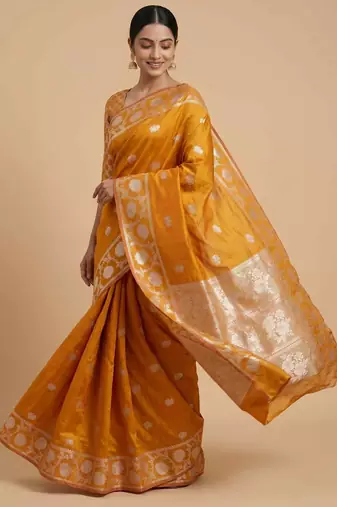 Orange Semi Silk Banarasi Saree With  Floral Zari Work