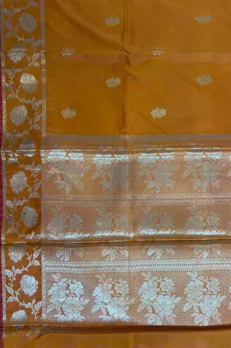 Orange Semi Silk Banarasi Saree With  Floral Zari Work