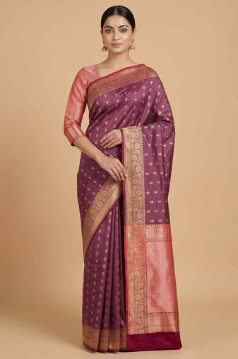 Rosegold Semi Silk Banarasi Saree With Floral Zari Work