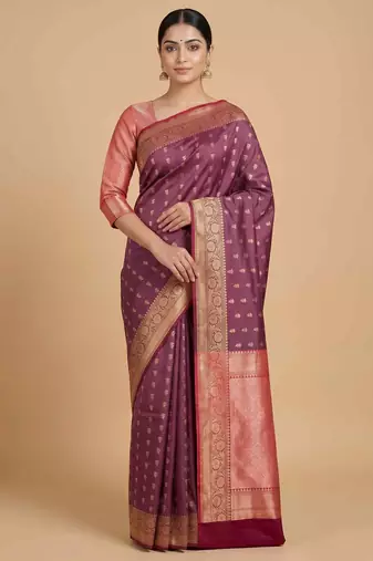 Rosegold Semi Silk Banarasi Saree With Floral Zari Work
