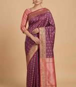 Rosegold Semi Silk Banarasi Saree With Floral Zari Work