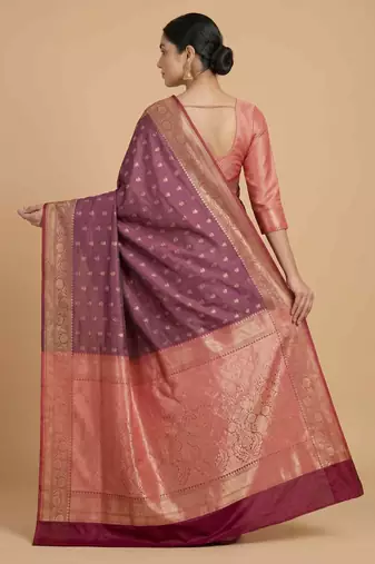 Rosegold Semi Silk Banarasi Saree With Floral Zari Work