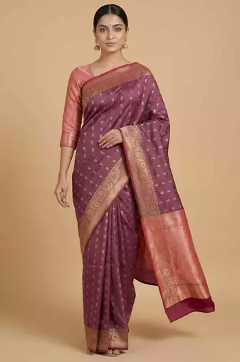 Rosegold Semi Silk Banarasi Saree With Floral Zari Work