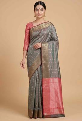 Grey Semi Silk Banarasi Saree  With  Floral Zari Work 1