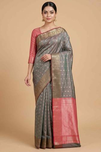 Grey Semi Silk Banarasi Saree  With  Floral Zari Work