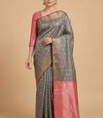 Grey Semi Silk Banarasi Saree  With  Floral Zari Work