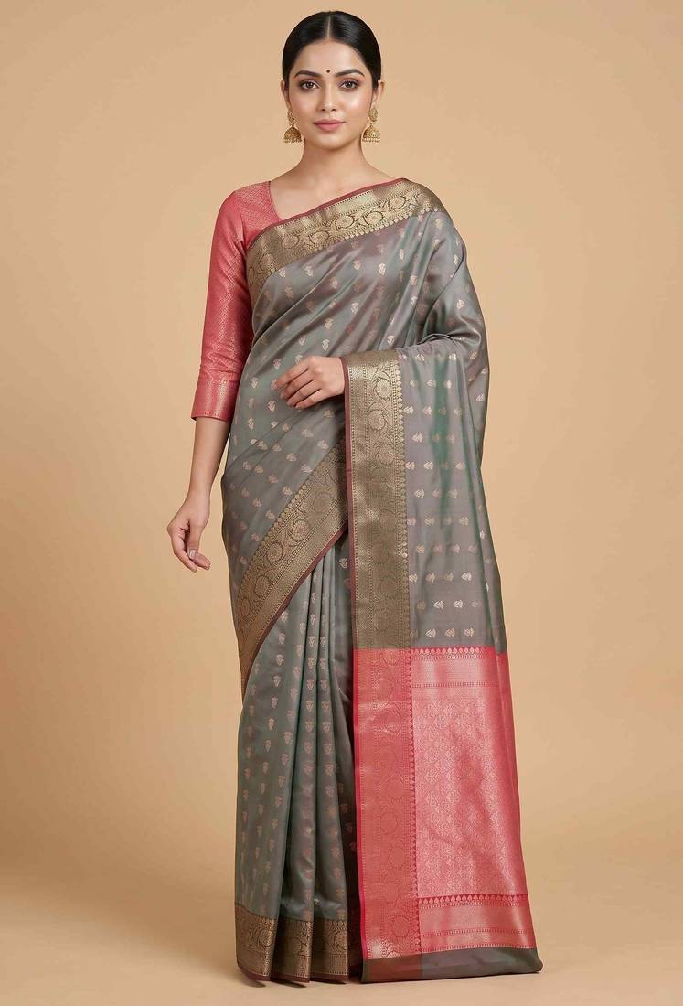 Grey Semi Silk Banarasi Saree  With  Floral Zari Work