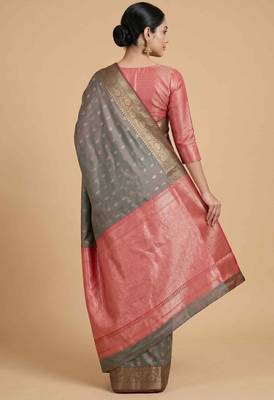 Grey Semi Silk Banarasi Saree  With  Floral Zari Work 2