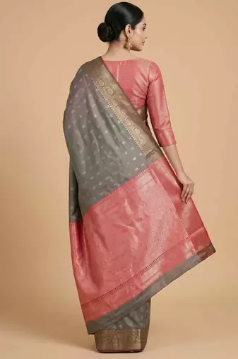 Grey Semi Silk Banarasi Saree  With  Floral Zari Work