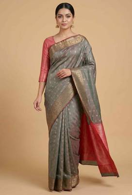 Grey Semi Silk Banarasi Saree  With  Floral Zari Work 3