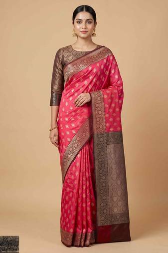 Fusia Pink Semi Silk Banarasi Saree With Floral Zari Work