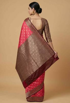 Fusia Pink Semi Silk Banarasi Saree With Floral Zari Work 2
