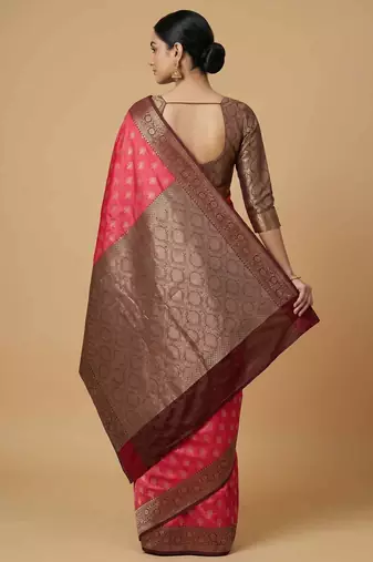 Fusia Pink Semi Silk Banarasi Saree With Floral Zari Work