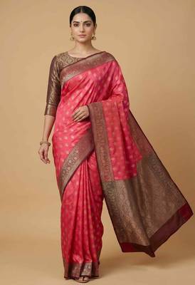 Fusia Pink Semi Silk Banarasi Saree With Floral Zari Work 3
