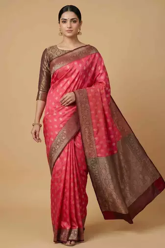 Fusia Pink Semi Silk Banarasi Saree With Floral Zari Work