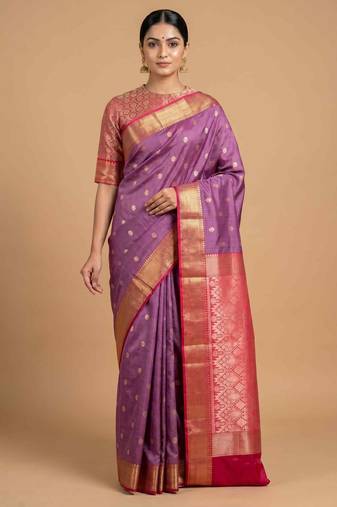 Lavender Semi Silk Banarasi Saree With Floral Zari Booti Work