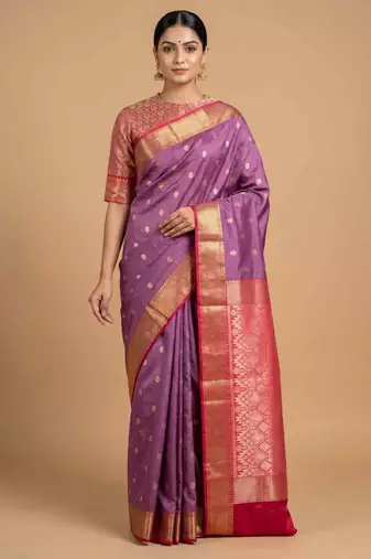 Lavender Semi Silk Banarasi Saree With Floral Zari Booti Work